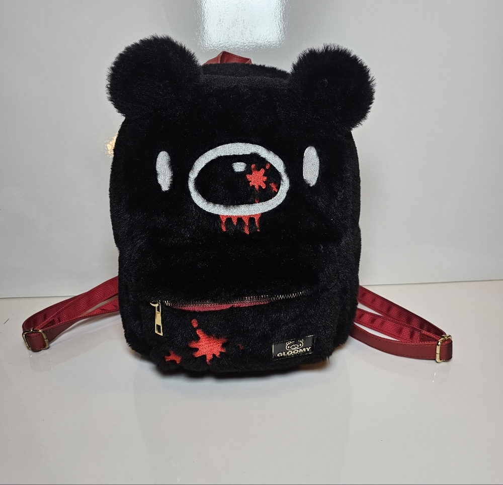 Bioworld Gloomy Bear Mori Chack Black Fuzzy Plush Mini Backpack - EUC